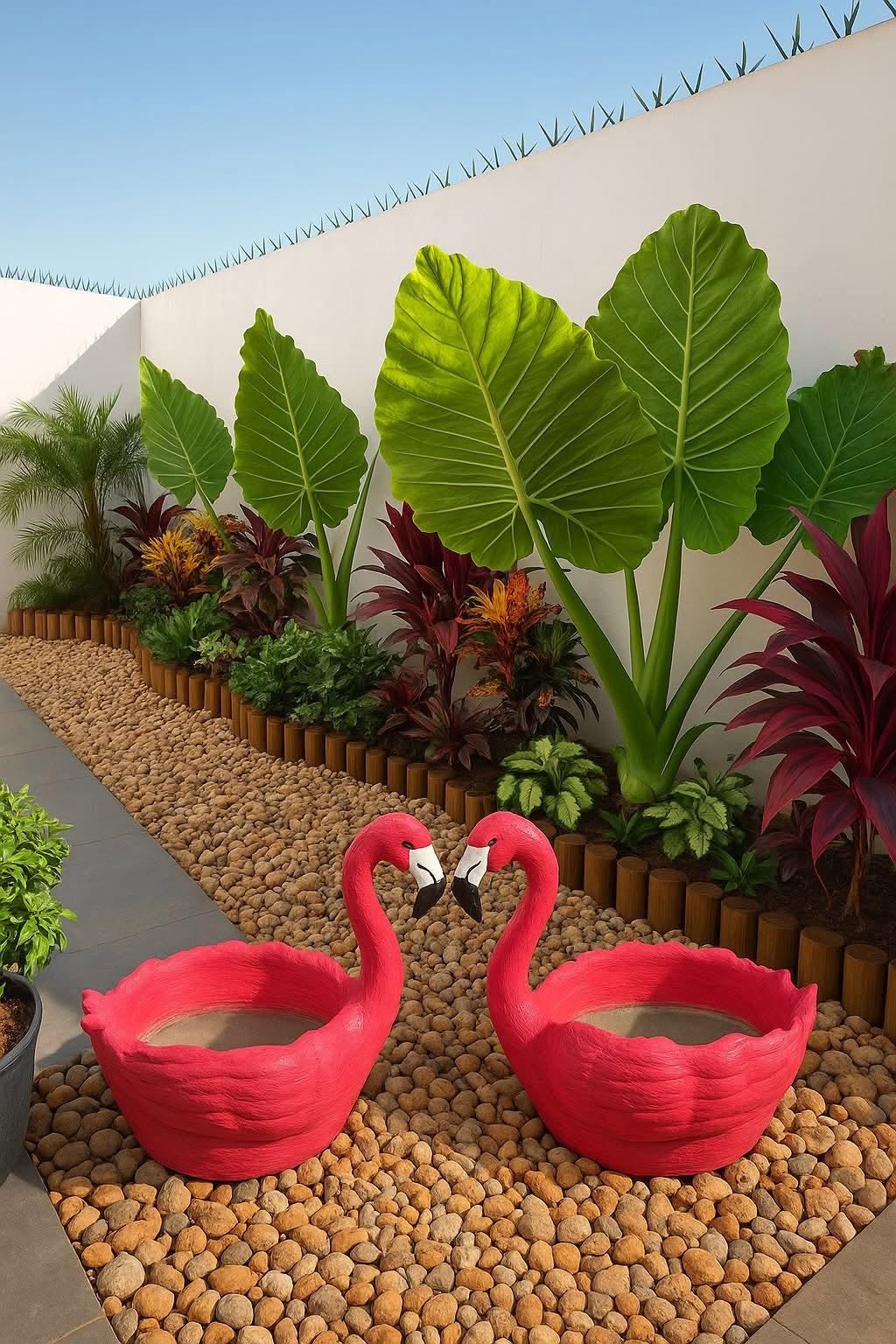 Jardín tropical diseñado por El Edén con macetas flamenco, alocasias y plantas de hoja roja sobre grava